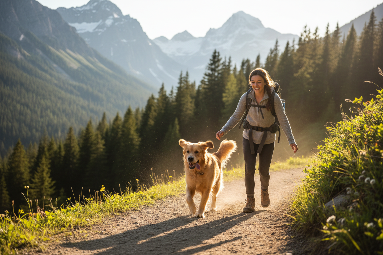 Golden retriever and owner on outdoor adventure