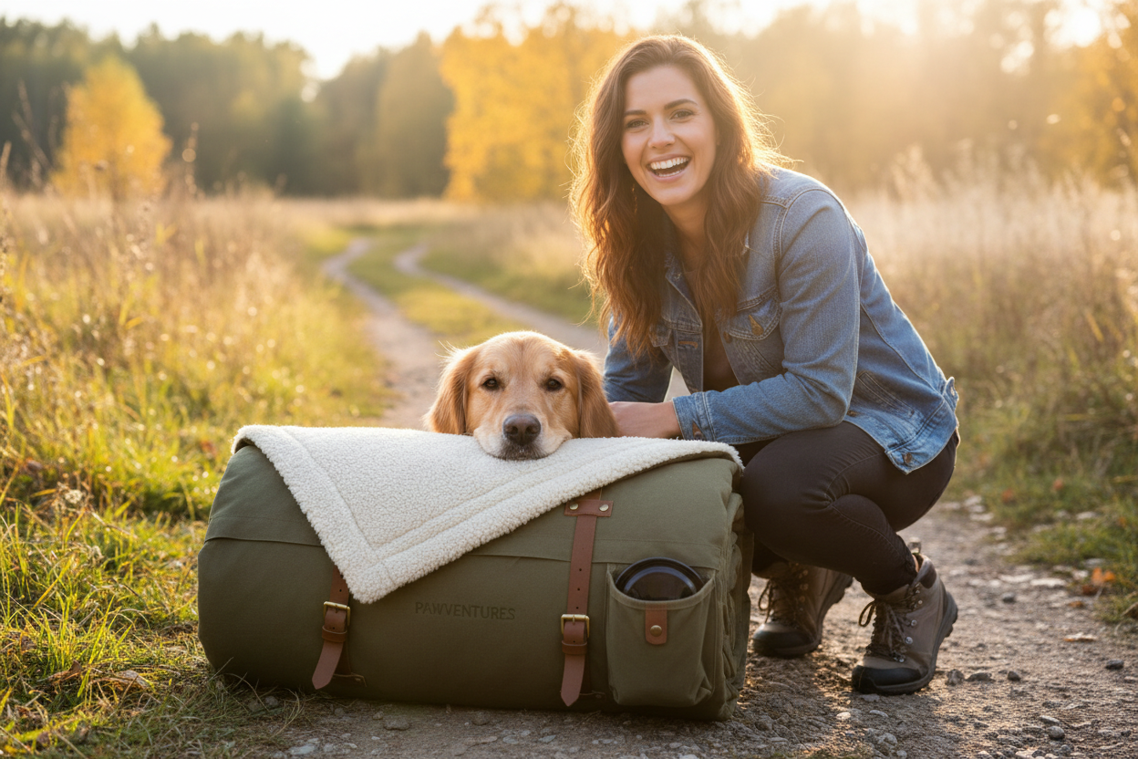 Hero image with woman and golden retriever with travel dog bed