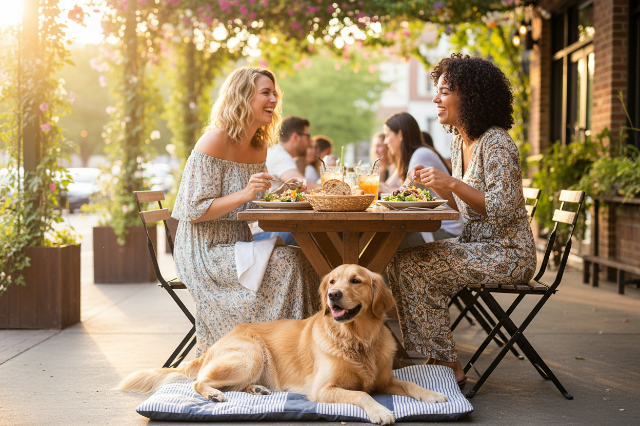 Two women dining outdoors with golden retriever on travel bed